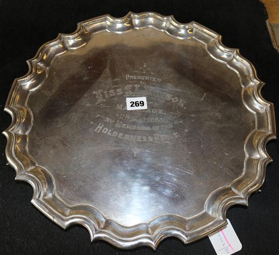 A large silver salver, presentation inscription and piecrust edge, Chester 1906, Walker & Hall